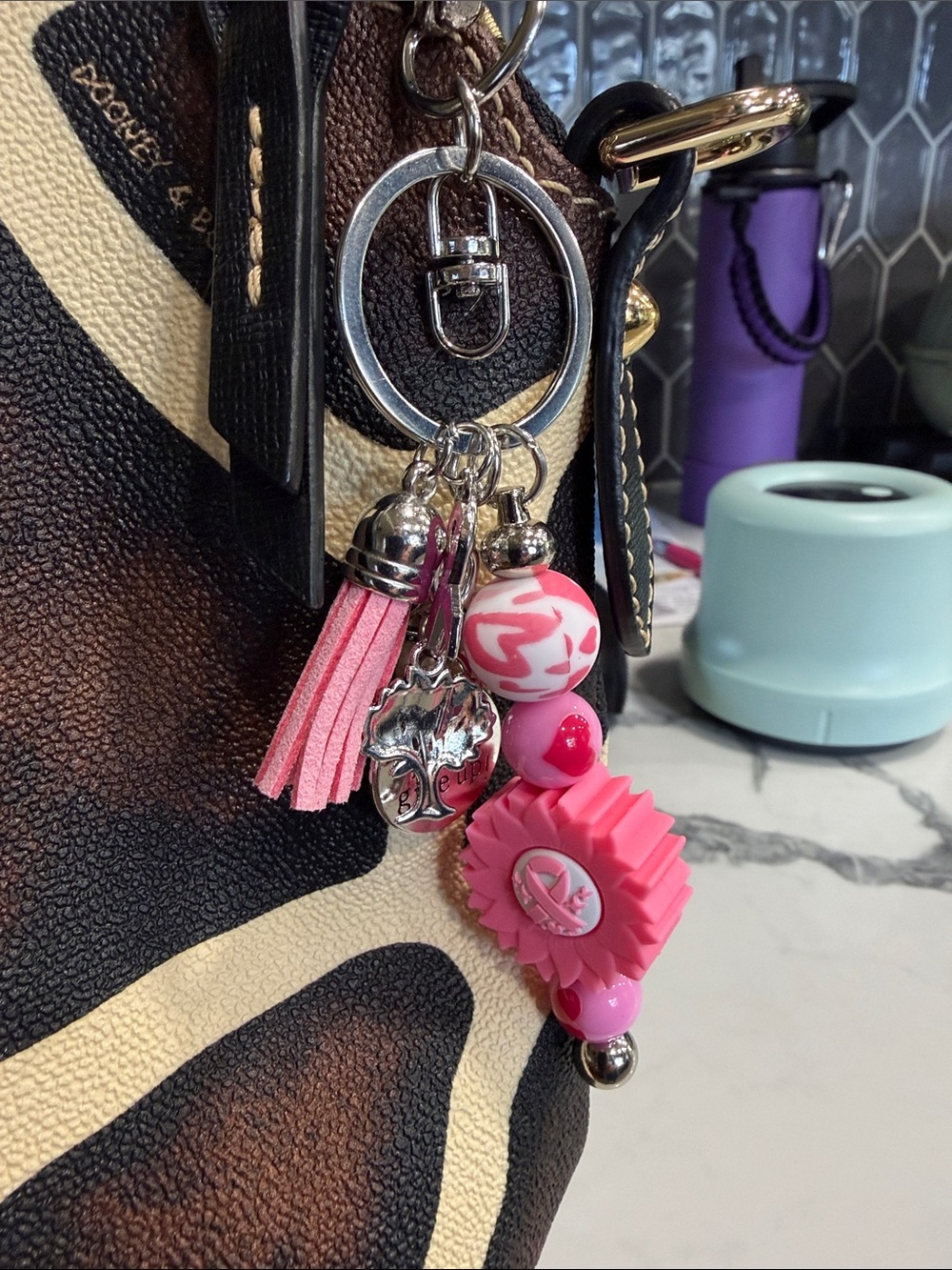 Pink Tassel & Bead Keychain Charm/purse pull. Inspired. Breast Cancer awareness.